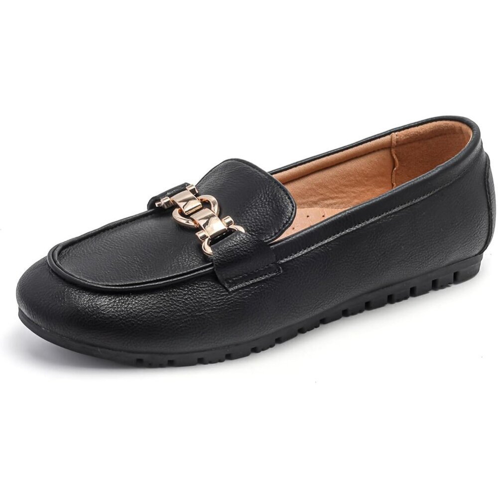 Womens Black Leather-gold PU On Comfort Chunky Heel Lug Sole Loafers Shoes
